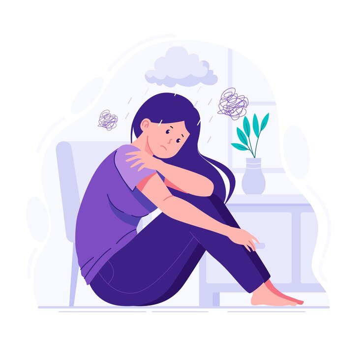 Una ilustración plana de mujer triste y melancólica