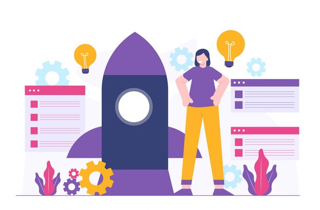 Ilustración plana de mujeres de negocios y cohetes
