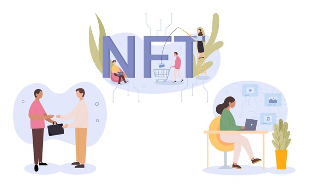 Ilustración plana del mundo digital Concepto de token no fungible NFT para diseños de UI Ux web landing