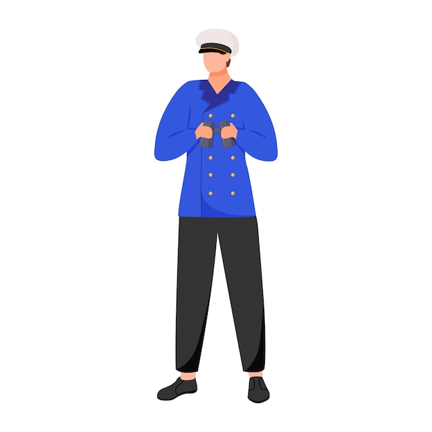 Ilustración plana del navegador. Marinero en investigación o flota de pasajeros. Capitán con uniforme de trabajo. Marinero con binoculares personaje de dibujos animados aislado sobre fondo blanco.