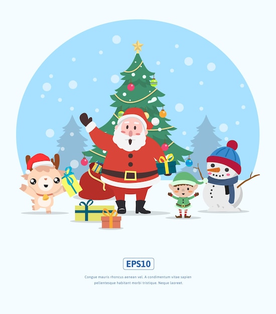 Vector ilustración plana navidad papá noel, ciervo elfo y muñeco de nieve se puede utilizar para impresión, web, aplicación