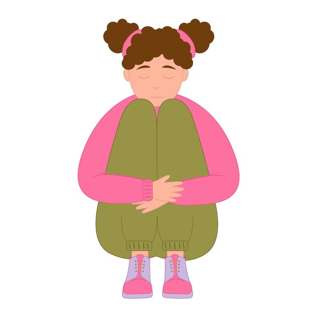 ilustración plana una niña se sienta en el suelo y tiene los ojos cerrados