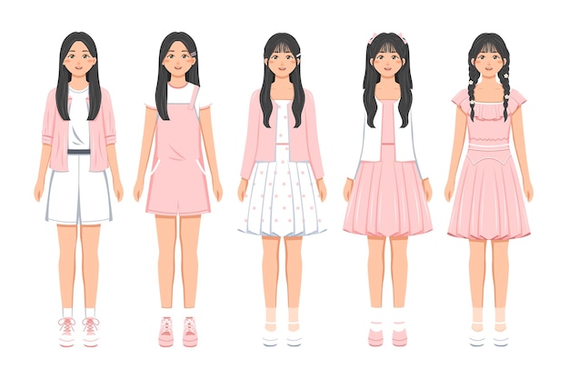 Ilustración plana de niñas con ropa rosada