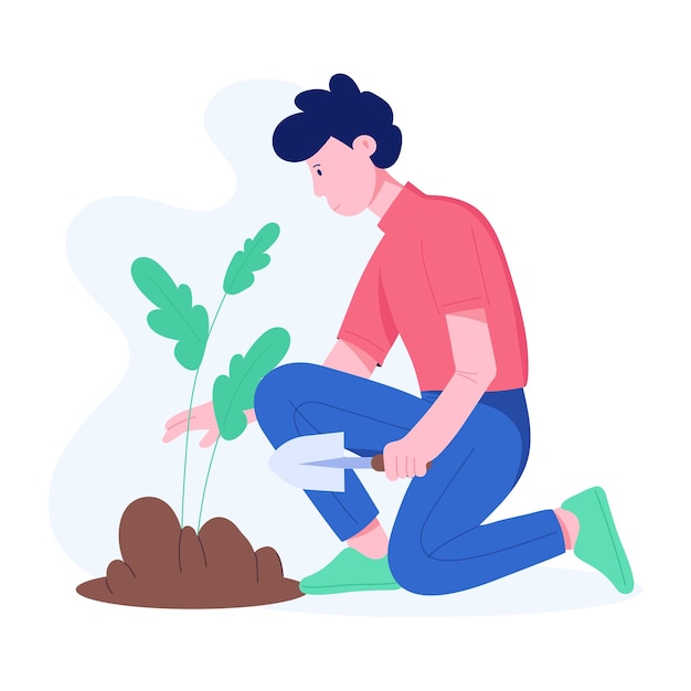 Ilustración plana de un niño plantando un árbol
