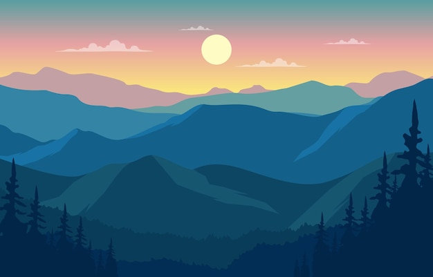 Ilustración plana del paisaje hermoso del panorama de la montaña del bosque de pinos