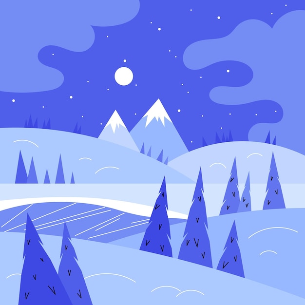 Ilustración plana de paisaje de invierno dibujada a mano