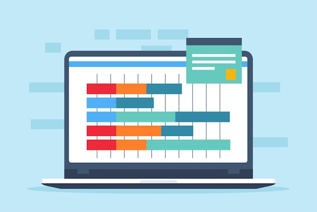 Ilustración plana de pantallas de computadora portátil gráfico de Gantt que ayuda en la planificación para el desarrollo de software y la gestión de proyectos