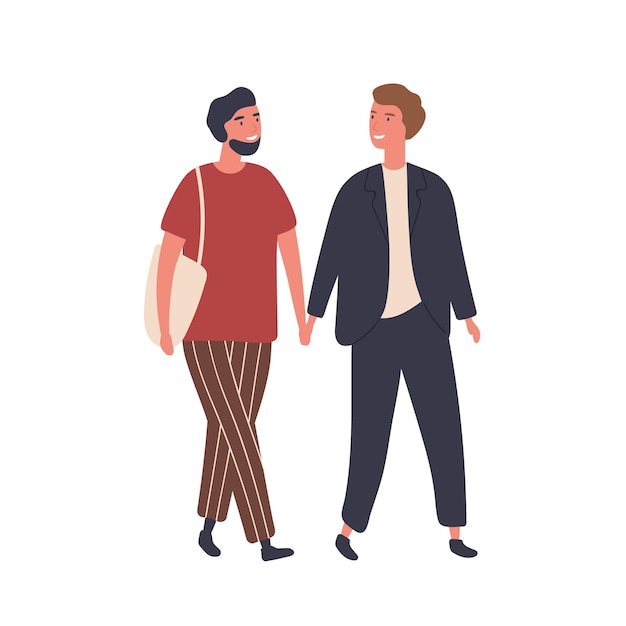 Ilustración plana de pareja gay. Pareja de hombres homosexuales, jóvenes enamorados