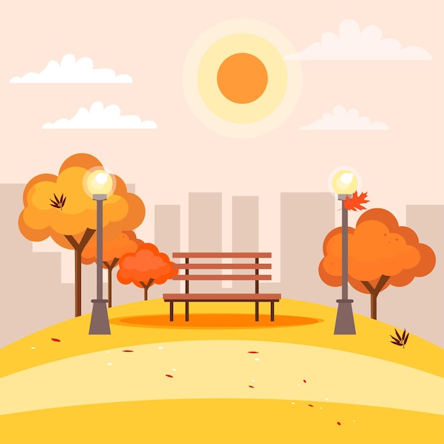 Ilustración plana del parque de la ciudad de otoño. Vista panorámica al aire libre de Fall Street. Colorido paisaje urbano horizonta