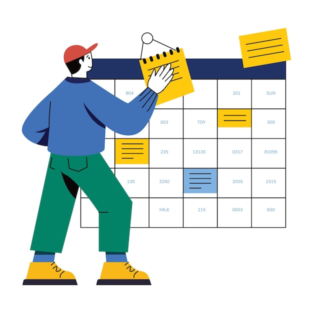 Una ilustración plana de una persona añadiendo notas al rastreador de productividad