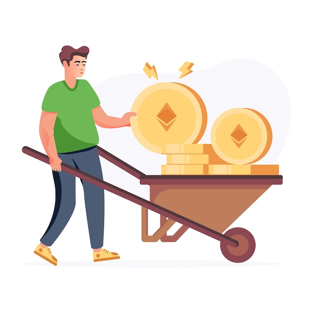 Una ilustración plana de una persona minera de ethereum