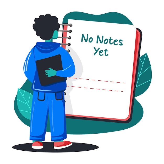 Una ilustración plana de un personaje comprobando sus notas faltantes