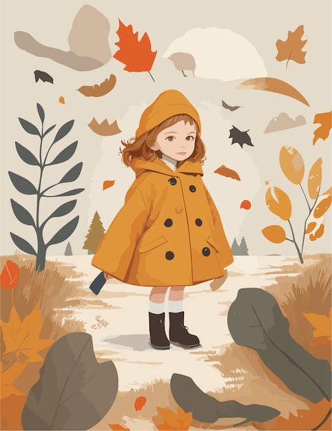 Una ilustración plana de un personaje infantil con la temporada de otoño y el fondo del paisaje