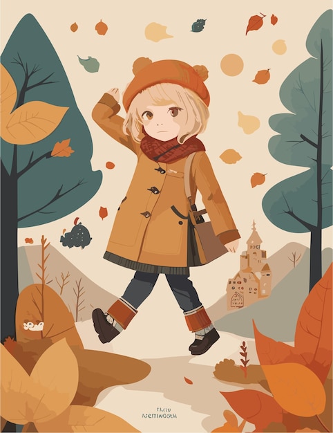 Una ilustración plana de un personaje infantil con la temporada de otoño y el fondo del paisaje