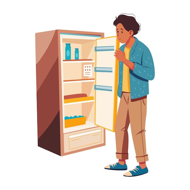 Una ilustración plana de un personaje mirando en un refrigerador vacío