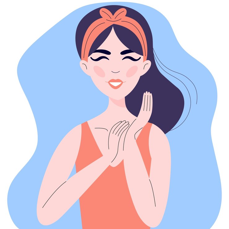 Vector ilustración plana de personaje de mujer feliz sonriendo y ojos cerrados ilustración vectorial de cuidado personal