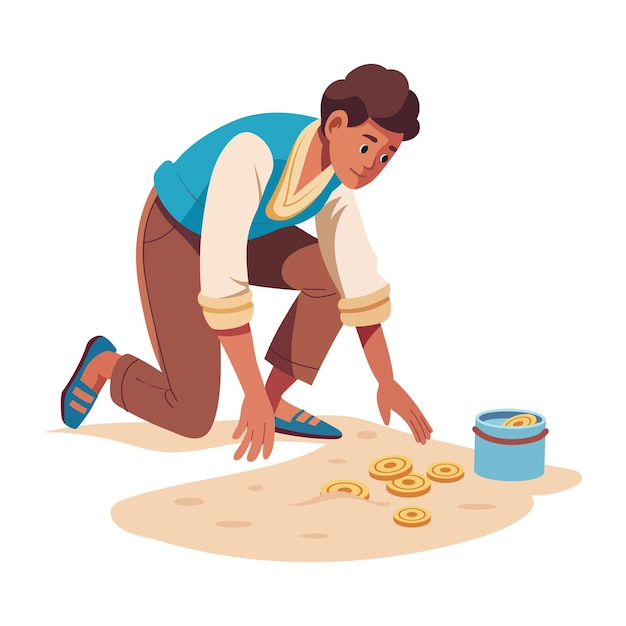 Una ilustración plana de un personaje recogiendo monedas del suelo