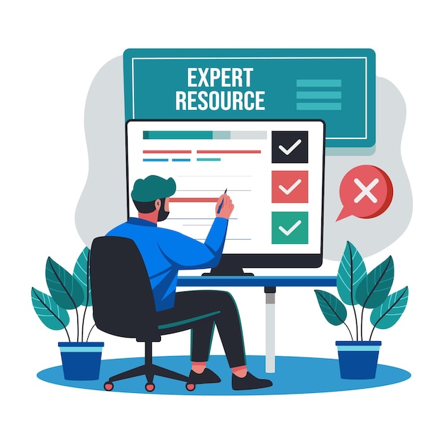 Una ilustración plana de un personaje de recurso experto trabajando en un sistema