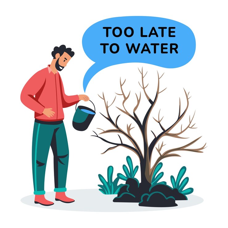 Vector una ilustración plana de un personaje regando un árbol seco