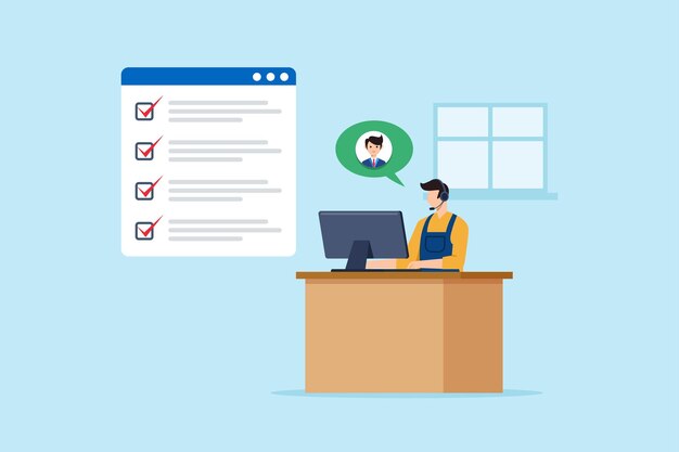 Ilustración plana del personal de apoyo comprobando la lista de comprobación de tareas mientras asiste al cliente en línea con auriculares y computadora en el helpdesk