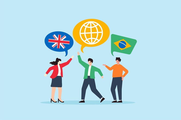 Vector ilustración plana de personas diversas que usan diferentes idiomas con iconos globales para la comunicación y conexión multilingüe