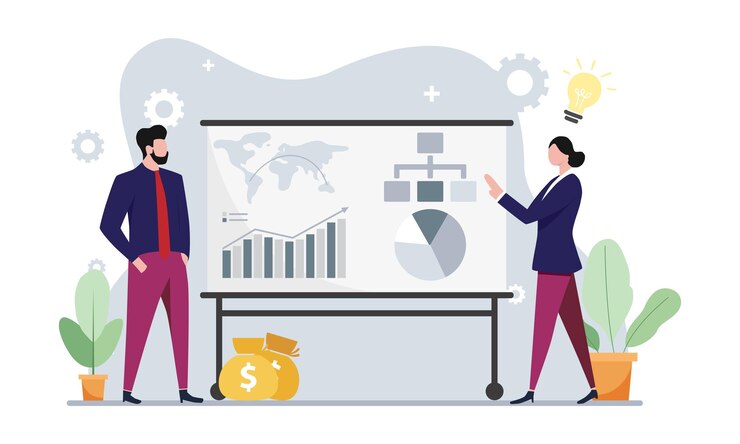 Vector ilustración plana de personas que gestionan el desarrollo de negocios financieros