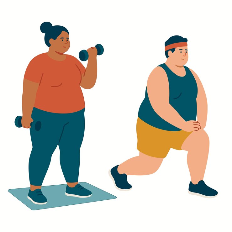 Vector ilustración plana personas con sobrepeso haciendo ejercicio con pesas y ejercicios de pulmón