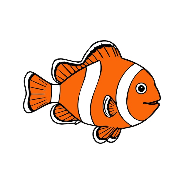 Ilustración plana de un pez payaso con cuerpo naranja brillante rayas blancas forma compacta diseño minimalista fondo limpio