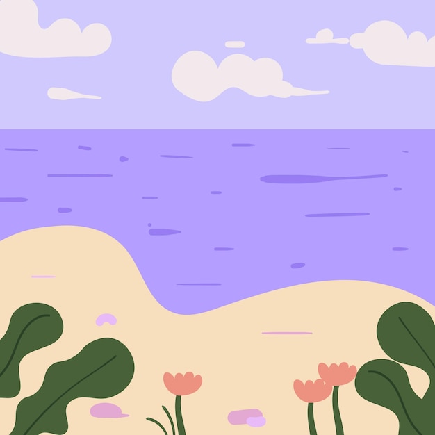 Ilustración plana de playa y mar de verano