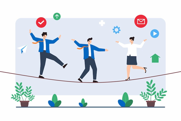 Vector ilustración plana de profesionales equilibrándose en una cuerda estrecha que simboliza la gestión de riesgos