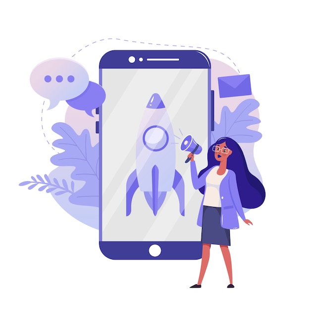 Ilustración plana de puesta en marcha y lanzamiento del proyecto. Diseño de color de negocio móvil. Mujer con concepto colorido Smartphone y Rocket, aislado sobre fondo blanco.
