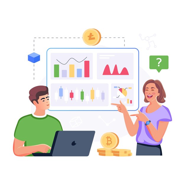Una ilustración plana que denota el comercio de criptomonedas