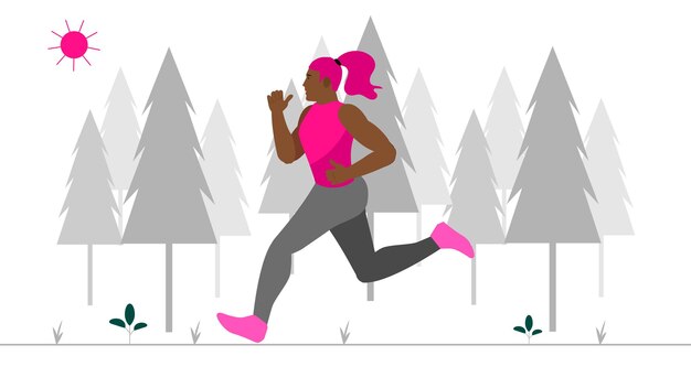 Ilustración plana que muestra a una mujer corriendo a través de un bosque de invierno estilizado con gris y blanco