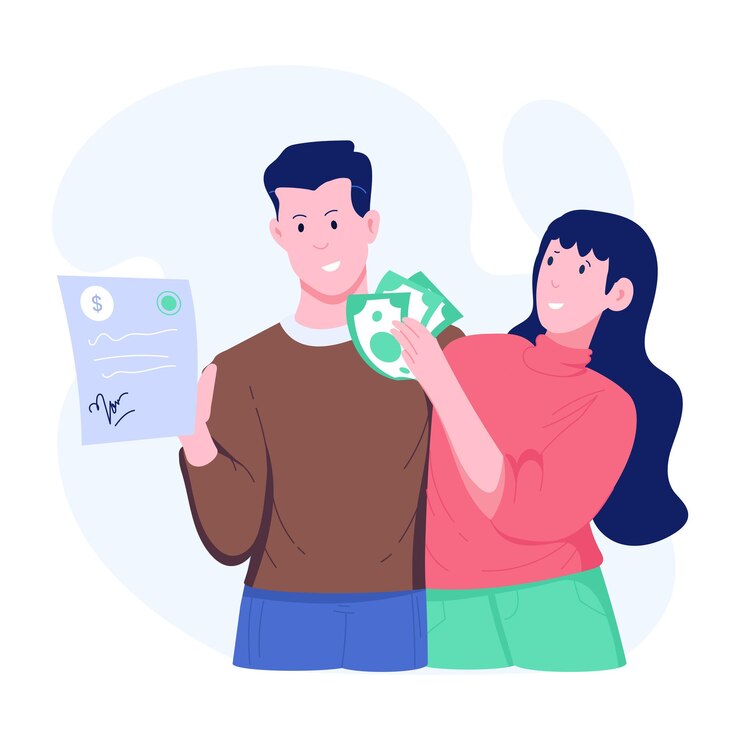 Vector una ilustración plana que muestra a personas con un documento de préstamo