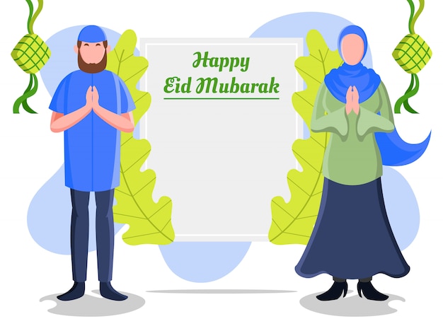 Ilustración plana que representa a un hombre y una mujer musulmanes mostrando una tarjeta de felicitación para dar la bienvenida a eid mubarak con gestos de saludo