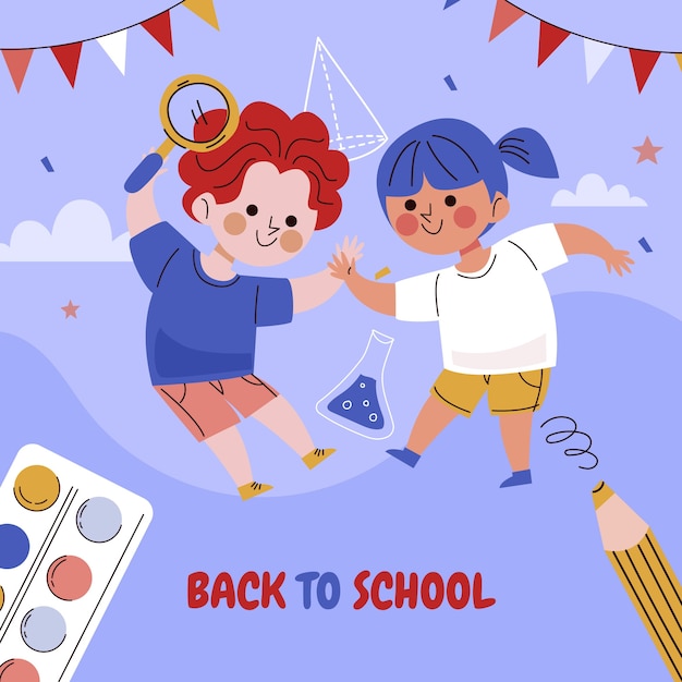 Vector ilustración plana de regreso a la escuela con estudiantes