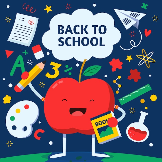 Ilustración plana de regreso a la escuela con manzana y suministros