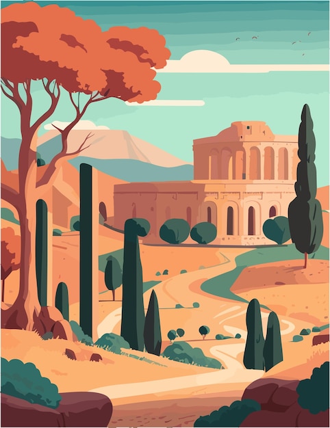 Vector una ilustración plana de resolución 4k del paisaje de roma