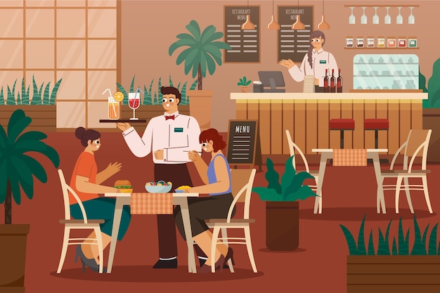 Ilustración plana del restaurante dibujada a mano