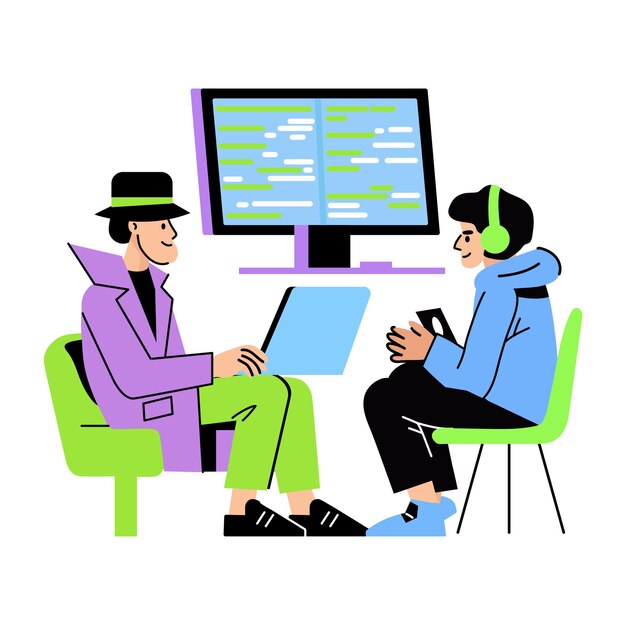 Una ilustración plana de la reunión del detective con el genio de la tecnología