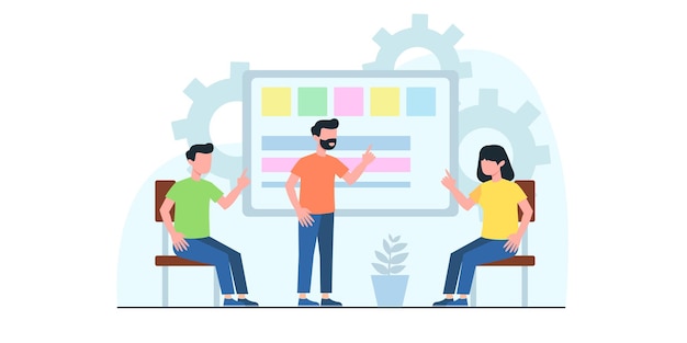 Ilustración plana de reunión de negocios. Concepto de flujo de trabajo empresarial, gestión del tiempo, planificación, aplicación de tareas, trabajo en equipo. Diseño plano creativo para banner web, material de marketing, presentación de negocios.