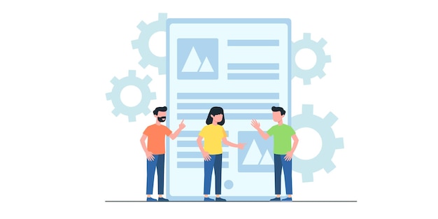 Ilustración plana de reunión de negocios. Concepto de flujo de trabajo empresarial, gestión del tiempo, planificación, aplicación de tareas, trabajo en equipo. Diseño plano creativo para banner web, material de marketing, presentación de negocios.