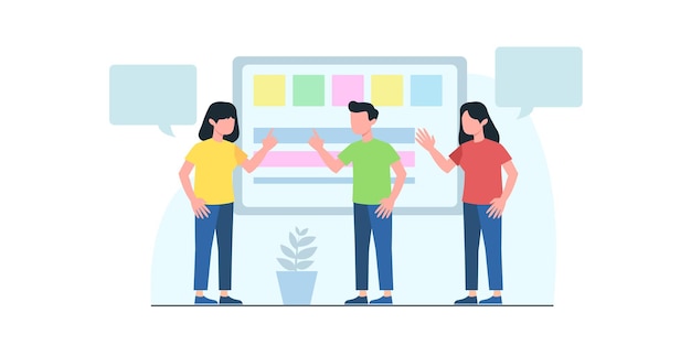 Ilustración plana de reunión de negocios. Concepto de flujo de trabajo empresarial, gestión del tiempo, planificación, aplicación de tareas, trabajo en equipo. Diseño plano creativo para banner web, material de marketing, presentación de negocios.