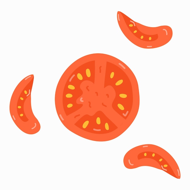 Ilustración plana con una rodaja de tomate maduro en un estilo ingenuo de moda Vector clipart dibujado a mano aislado en el fondo Comida vegetariana y vegana Producto agrícola saludable Concepto de dieta y alimentación saludable