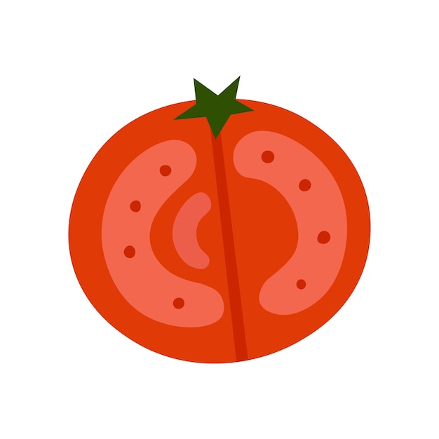 Ilustración plana de una rodaja de tomate rojo con semillas y núcleo visibles