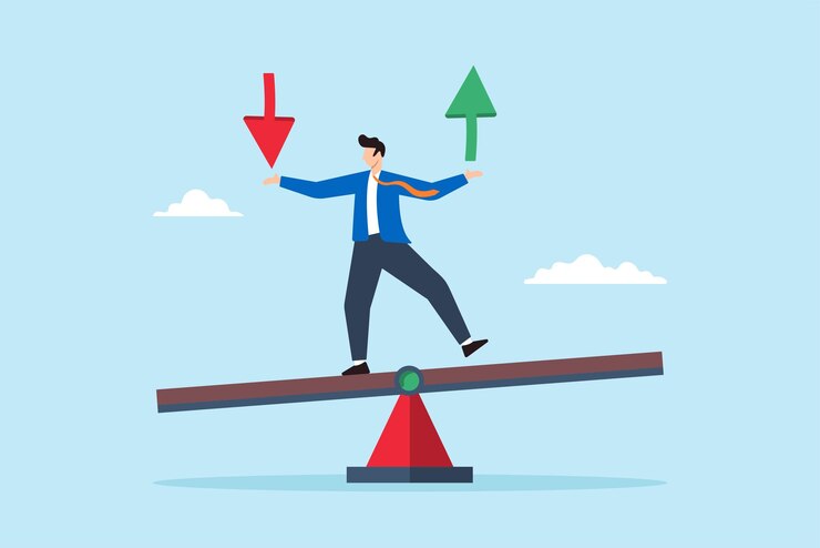 Vector ilustración plana del saldo del inversor en el columpio sosteniendo la flecha de pérdida y ganancia que simboliza el riesgo de inversión