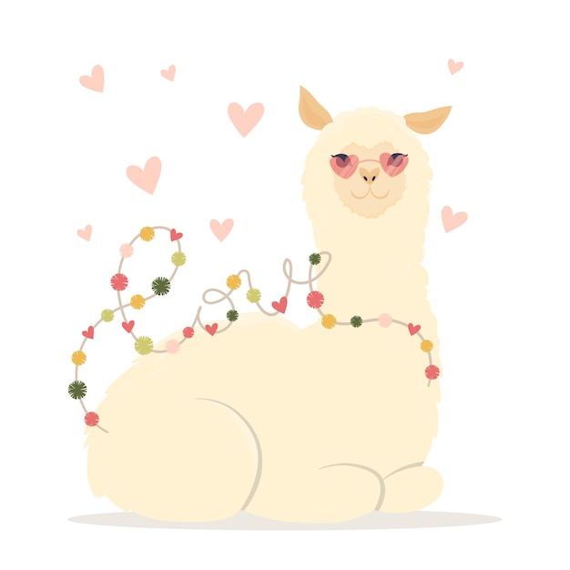 Ilustración plana de San Valentín. Sé mi tarjeta de llamantine con lindos corazones y llama alpaca. Tarjeta de felicitación o invitación en estilo moderno.Ilustración de vector