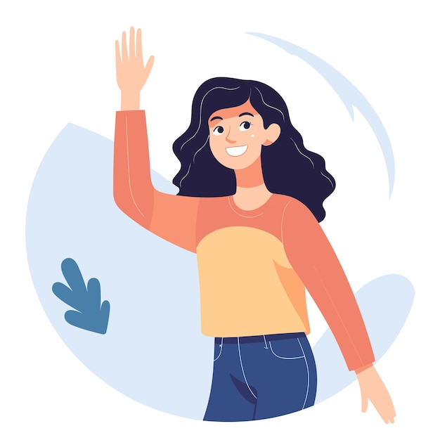 Vector ilustración plana simple de la mujer sonriente con una mano agitadora de alta resolución