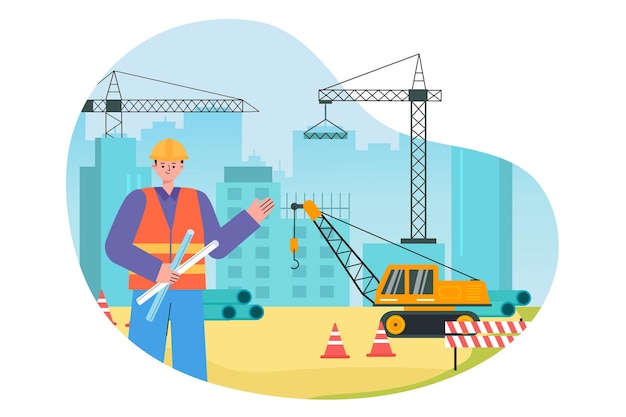 la ilustración plana del sitio de construcción en construcción