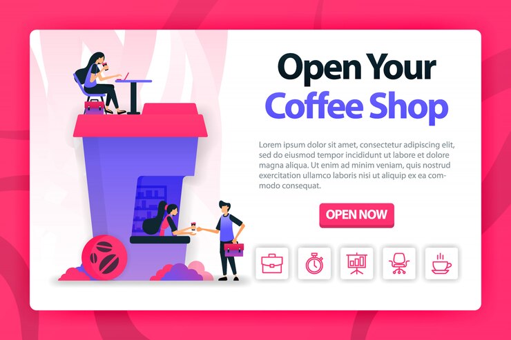 Vector ilustración plana sobre la apertura de la cafetería con un solo clic.